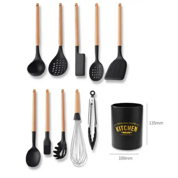 Homerely 11 Pieces Silicone Kitchen Cooking Utensils with Wooden Handle